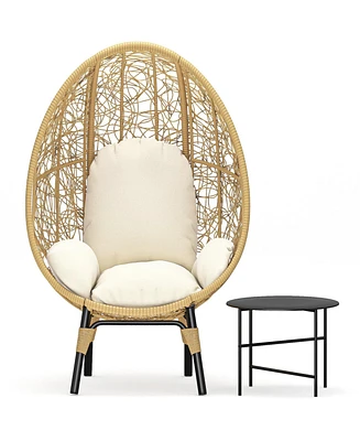 Patio Pe Wicker Egg Chair Model 3 With Natural Color Rattan Beige Cushion And Side Table