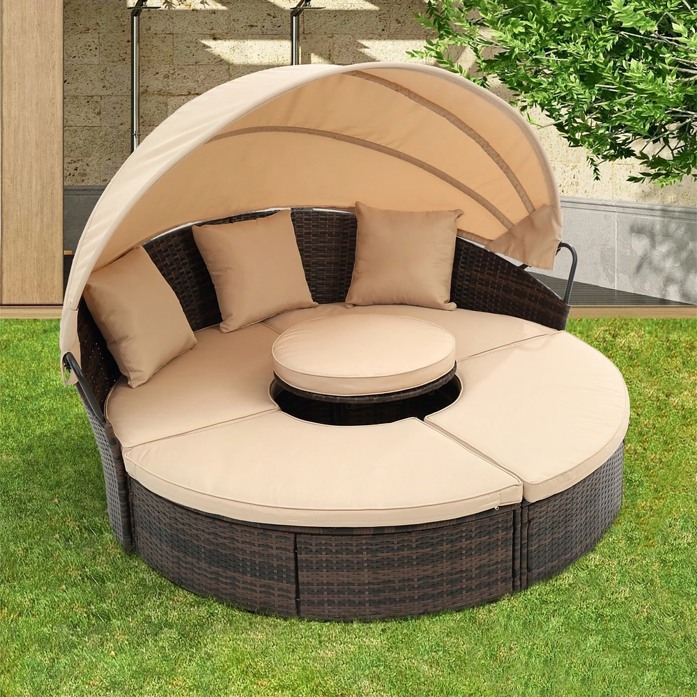 Streamdale Furniture Round Rattan Lounge Set with Canopy & Lift Coffee Table