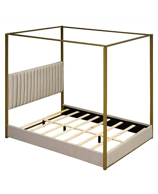 Simplie Fun Queen Size Upholstery Canopy Platform Bed With Headboard And Metal Frame, Beige