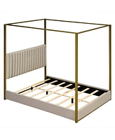 Simplie Fun Queen Size Upholstery Canopy Platform Bed With Headboard And Metal Frame, Beige