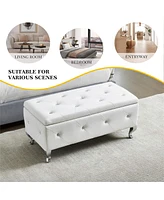 Streamdale Furniture White Faux Leather Ottoman with Crystal Buttons