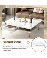 Streamdale Furniture High gloss coffee table with golden legs and drawers, 2-tier center table for living room