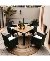 5-Piece Outdoor Wicker Dining Set with Acacia Wood Top