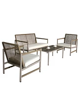 Simplie Fun 4-Piece Rattan Patio Sofa Set with Cushions & Glass Table