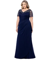 Xscape Plus Beaded Illusion-Sleeve V-Neck Gown