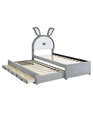 Simplie Fun Twin Upholstered Platform Bed with Trundle, Drawers & Rabbit Headboard