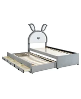 Simplie Fun Twin Upholstered Platform Bed with Trundle, Drawers & Rabbit Headboard