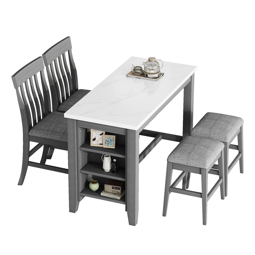 Simplie Fun 5-Piece Counter Height Dining Table Set With Built-In Storage Shelves, Grey