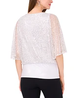 Msk Petite Sequin-Mesh Blouson-Sleeve Banded-Hem Top