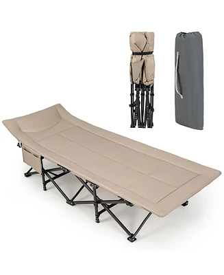 Gymax Folding Camping Cot Portable Tent Sleeping Bed with Cushion Headrest Carry Bag Khaki