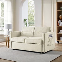 Simplie Fun Loveseats Sofa Bed With Pull-Out Bed, Adjustable Back And Two Arm Pocket, Beige (54.5"X33" X 31.5")