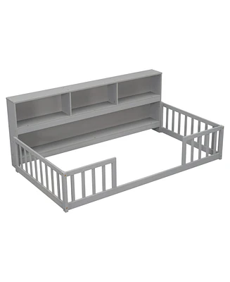 Simplie Fun Twin Floor Bed With Bedside Bookcase, Shelves, Guardrails, Grey