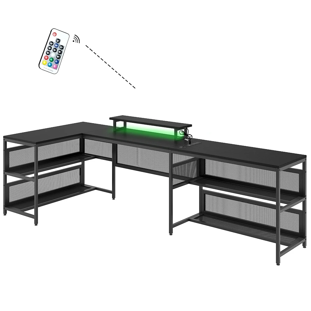 Simplie Fun U-Shaped Desk With Shelve And Led Lights