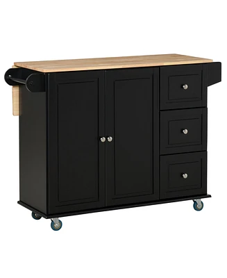 Simplie Fun Black Mobile Kitchen Island with Drop Leaf and Storage