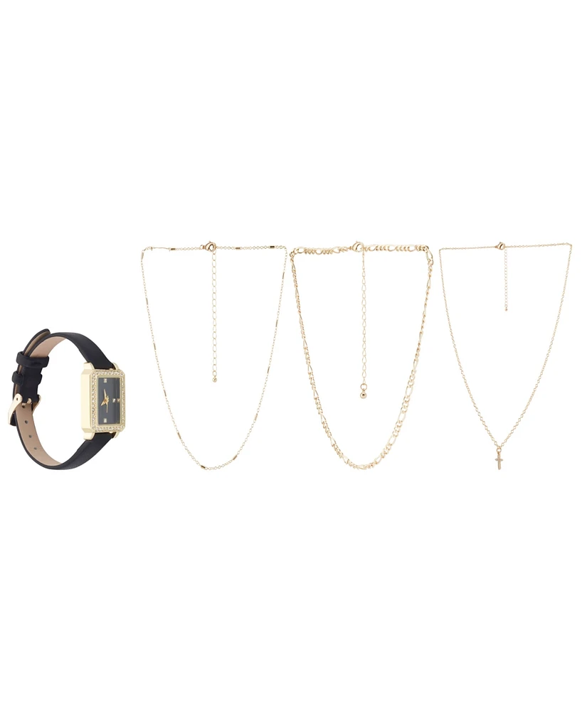 Jessica Carlyle Women's Black Strap Watch 20mm & 3-Pc. Necklace Gift Set