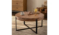 Streamdale Furniture 33.86"Modern Retro Splicing Round Coffee Table, Fir Wood Table Top With Black Cross Legs Base