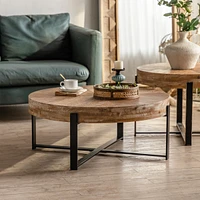 31.29"Modern Retro Splicing Round Coffee Table, Fir Wood Table Top With Black Cross Legs Base