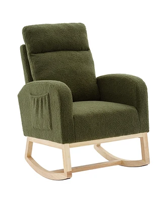 Simplie Fun Dark Green Upholstered Rocking Chair With Solid Wood Legs