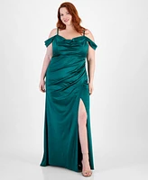 B Darlin Trendy Plus Off-The-Shoulder Satin Gown