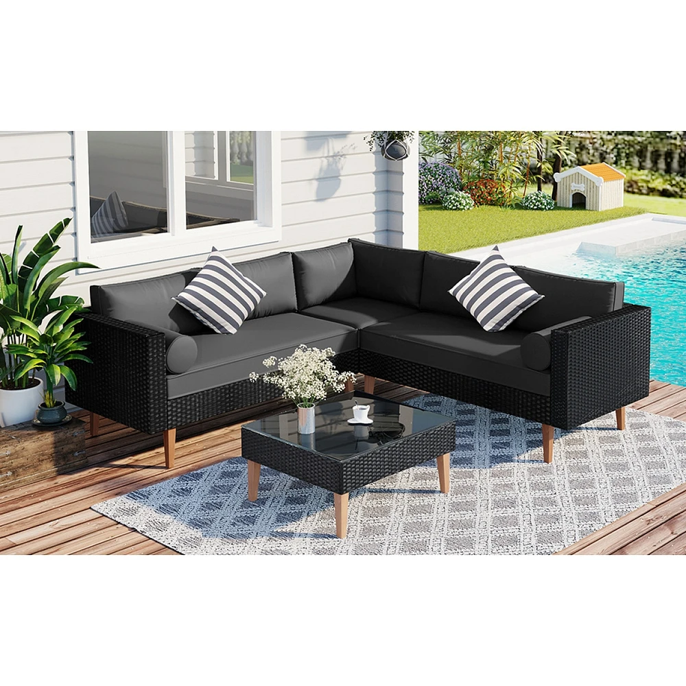 Simplie Fun 4-Pieces Outdoor Wicker Sofa Set, Patio Furniture Withful Pillows, L-Shape Sofa Set