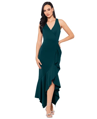 Xscape Women's V-Neck Sleeveless Ruffled High-Low Dress