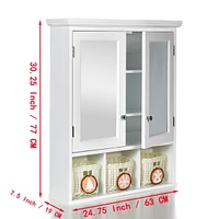 White Wood Wall Cabinet with Mirrored Doors & Storage Baskets