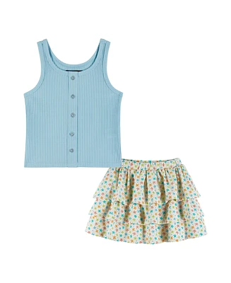 Andy & Evan Toddler Girls / Blue Ribbed Button-Front Tank Top with Starfish Skort Set