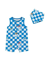 Andy & Evan Baby Boys Blue Check Dino Print Knit Tank Romper w/Bib