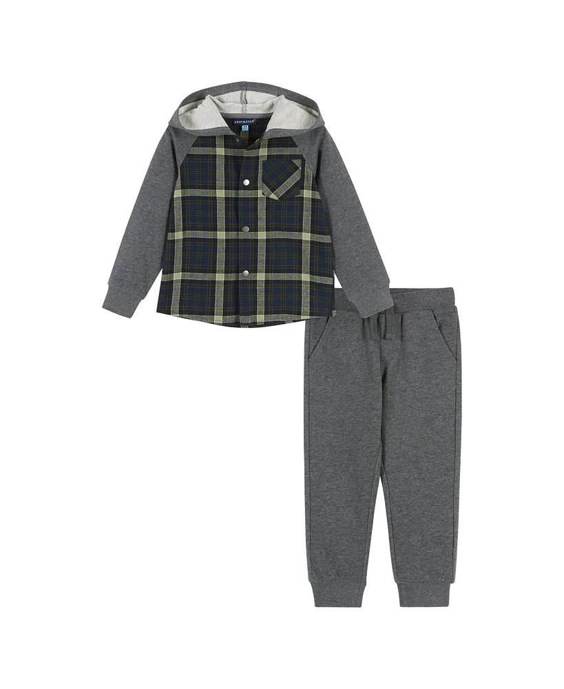 Andy & Evan Baby Boys Green Plaid Hooded Flannel Buttondown Set