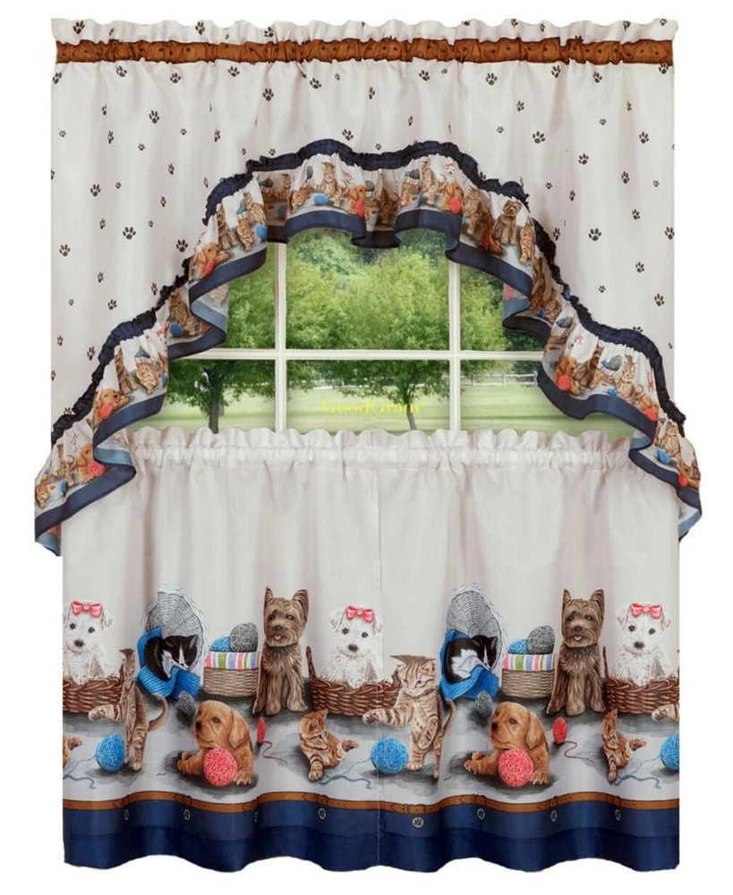 GoodGram Adorable Puppies & Kittens Kitchen Curtain Tier & Swag Set - 58 in. W x 24 in. L