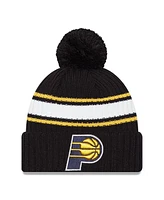 New Era Men's Black Indiana Pacers White Stripe Cuffed Pom Knit Hat