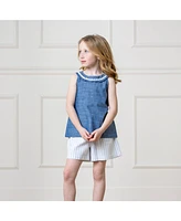 Hope & Henry Little Girls Organic Sleeveless Ruffle Collar Chambray Button Back Top