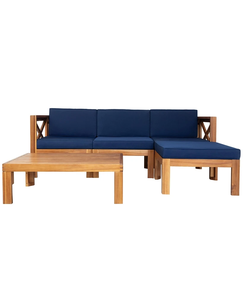 5-Piece Wood Patio Sectional Set with Blue Cushions
