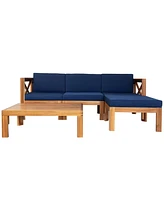 5-Piece Wood Patio Sectional Set with Blue Cushions