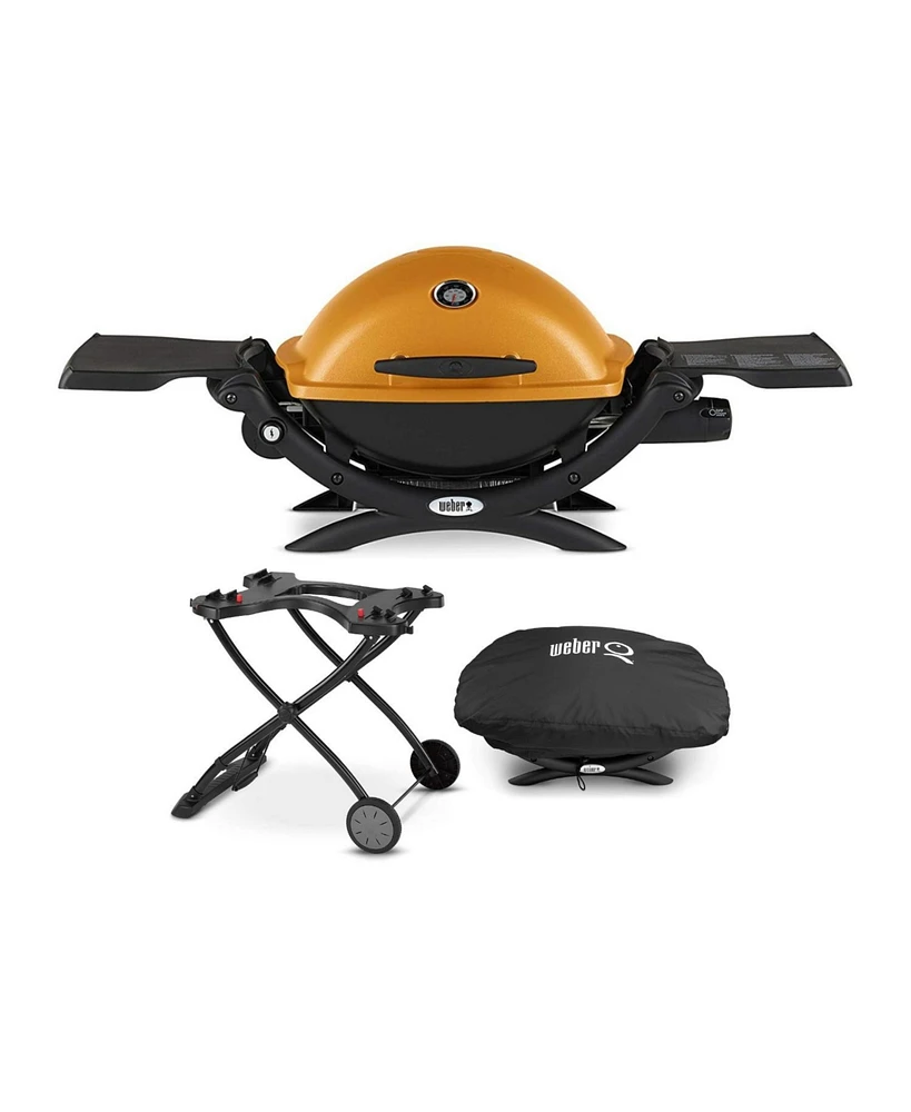 Weber Q 1200 Liquid Propane Grill (Orange) w/ Cover and Portable Cart Bundle