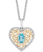 Swiss Blue Topaz (5/8 ct. t.w.) & Diamond (1/6 ct. t.w.) Filigree Heart Pendant Necklace in Sterling Silver & 10k Gold, 16" + 2" extender