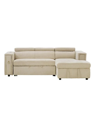 Simplie Fun 96" Multi-Functional Pull-Out Sofa Bed L-Shape Sectional Sofa With Adjustable Headrest