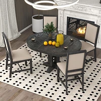 5-Piece Dining Set Extendable Round Table And 4 Upholstered Chairs Farmhouse Dining Set