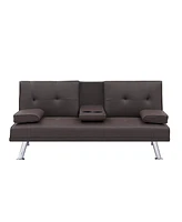 Simplie Fun Brown Leather Multifunctional Double Folding Sofa Bed For Office With Coffee Table