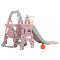 Streamdale Furniture 3-in-1 Kids Swing & Slide Set with Basketball Hoop, Pink+Gray