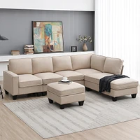 Simplie Fun Modern L-Shaped Sectional Sofa with Chaise Lounge & Convertible Ottoman, 7-Seater, 3 Colors