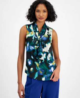 Bar Iii Women's Sleeveless Printed Tie-Neck Blouse, Created for Macy's