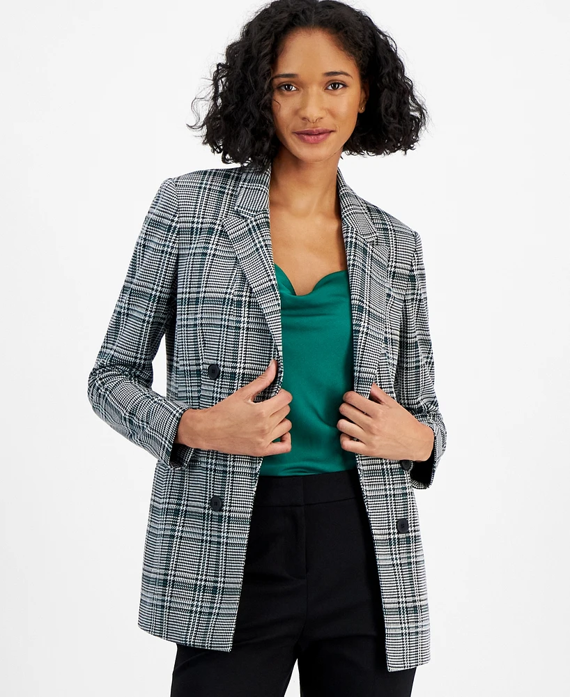 Bar Iii Women's Plaid Open-Front Faux-Double-Breasted Blazer, Created for Macy's