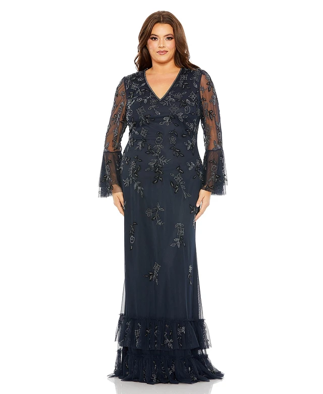 Mac Duggal Women's Plus V Neck Embellished Flutter Tiered Long Sleeve Gown  | Westland Mall