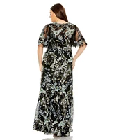 Mac Duggal Women's Plus Sheer Sleeve V Neck Floral Embroidered Gown