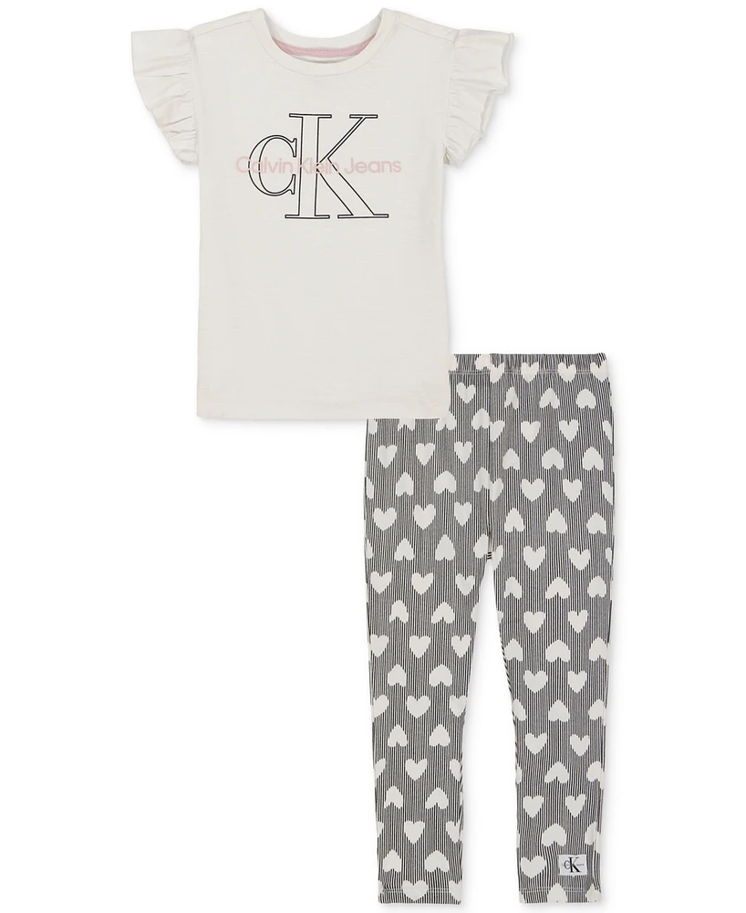 Calvin Klein Little Girls Jersey Flutter-Sleeve Logo Top & Heart-Print Leggings, 2 Piece Set