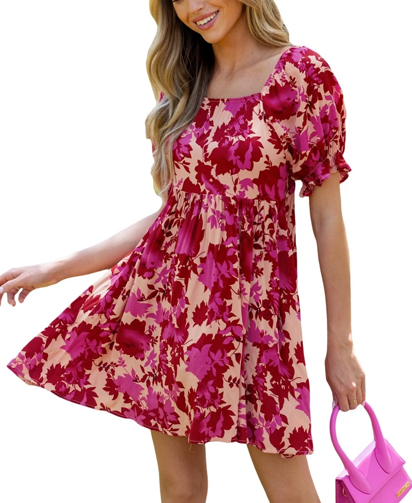 Cupshe Women's Pink & Red Floral Square Neck Ruffle Mini Beach Dress