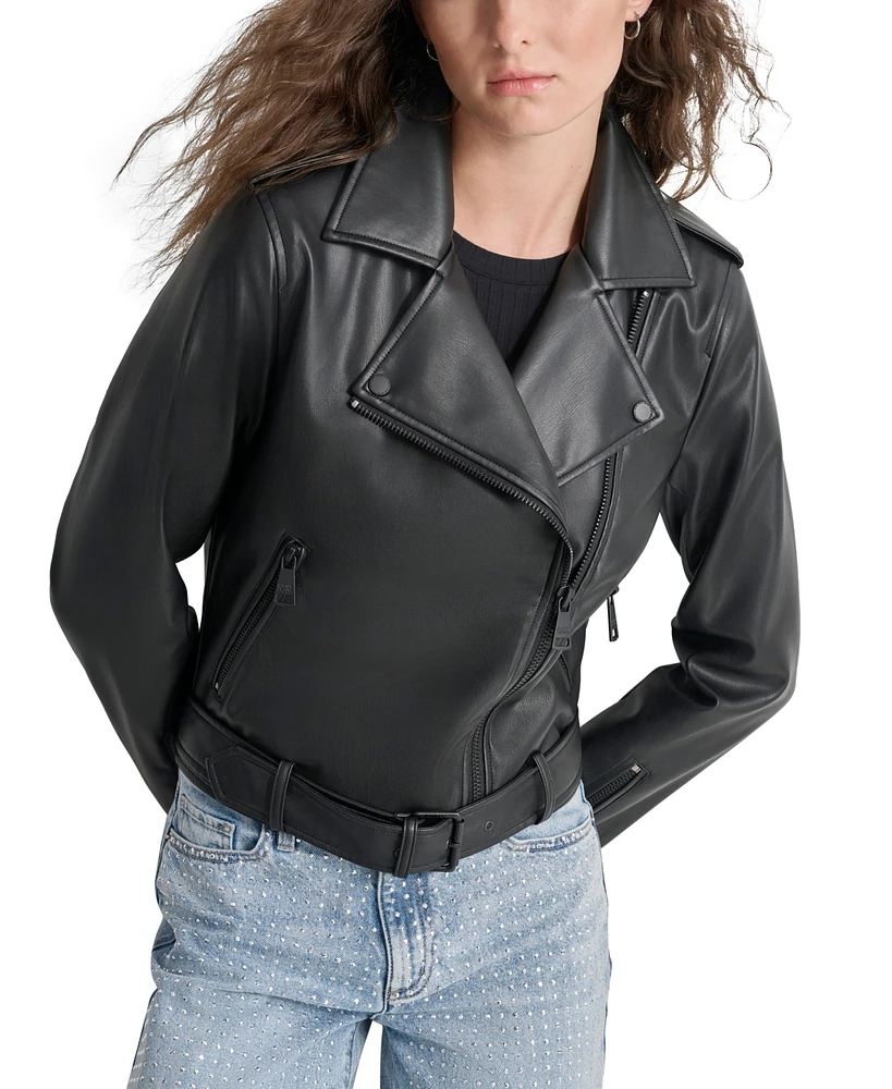 Dkny Jeans Petite Faux-Leather Belted-Hem Moto Jacket