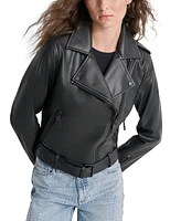 Dkny Jeans Petite Faux-Leather Belted-Hem Moto Jacket