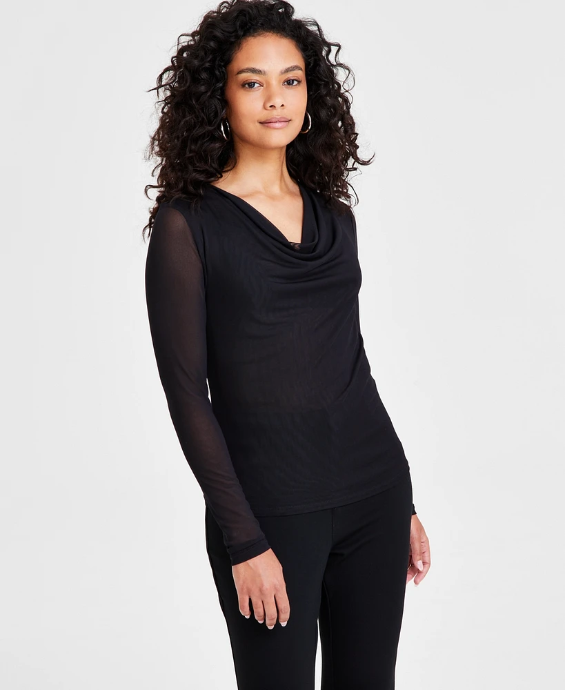 Bar Iii Petite Long-Sleeve Cowlneck Mesh Top, Created for Macy's